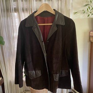 women's vintage suede jacket with leather collar + 3/4 sleeve